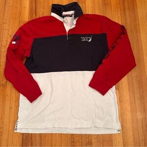 Nautica Color Block Red White Men's Sz XL Long Sleeve Rugby Polo Collared Shirt